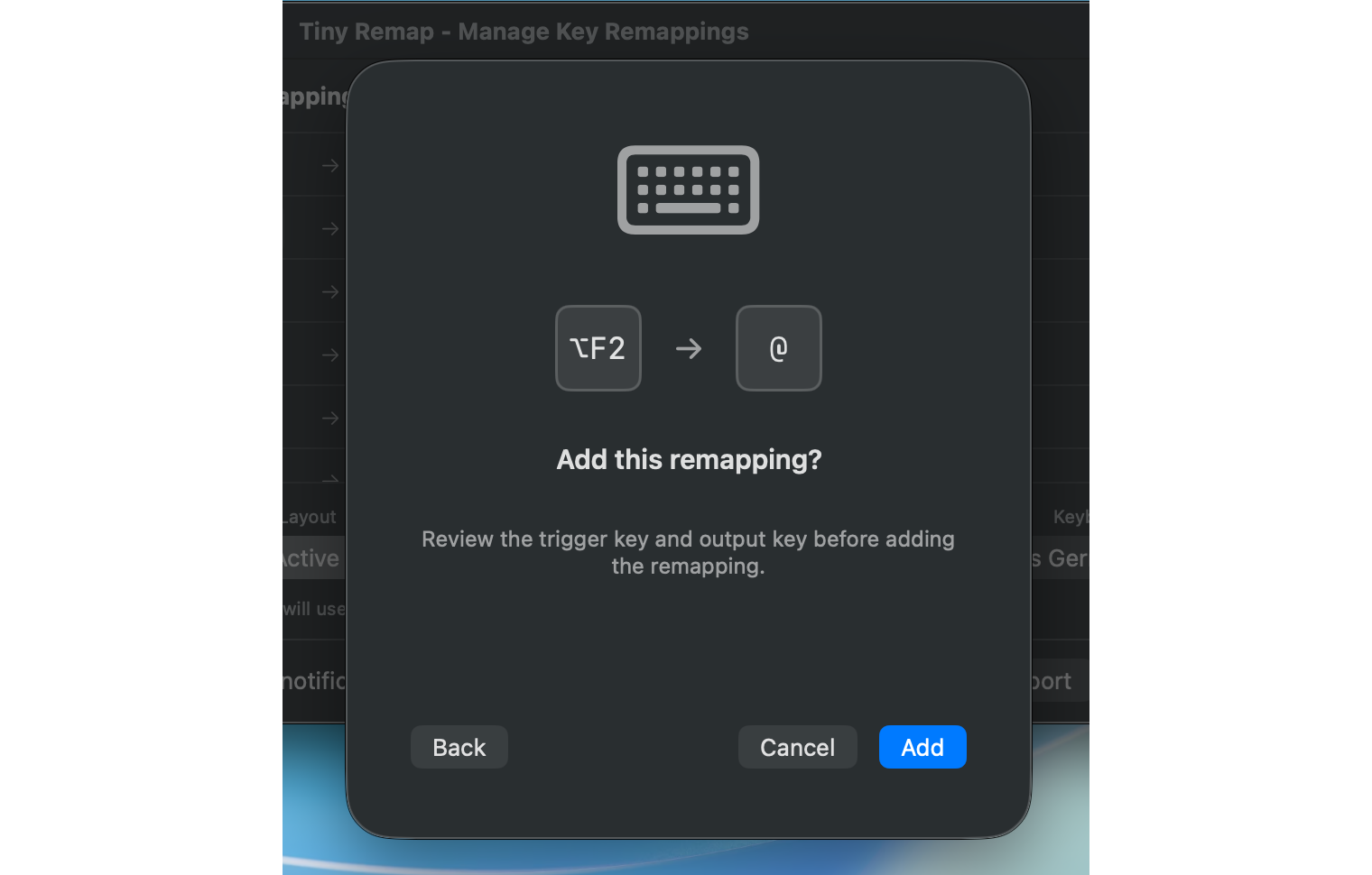 Tiny Remap key assignment screenshot
