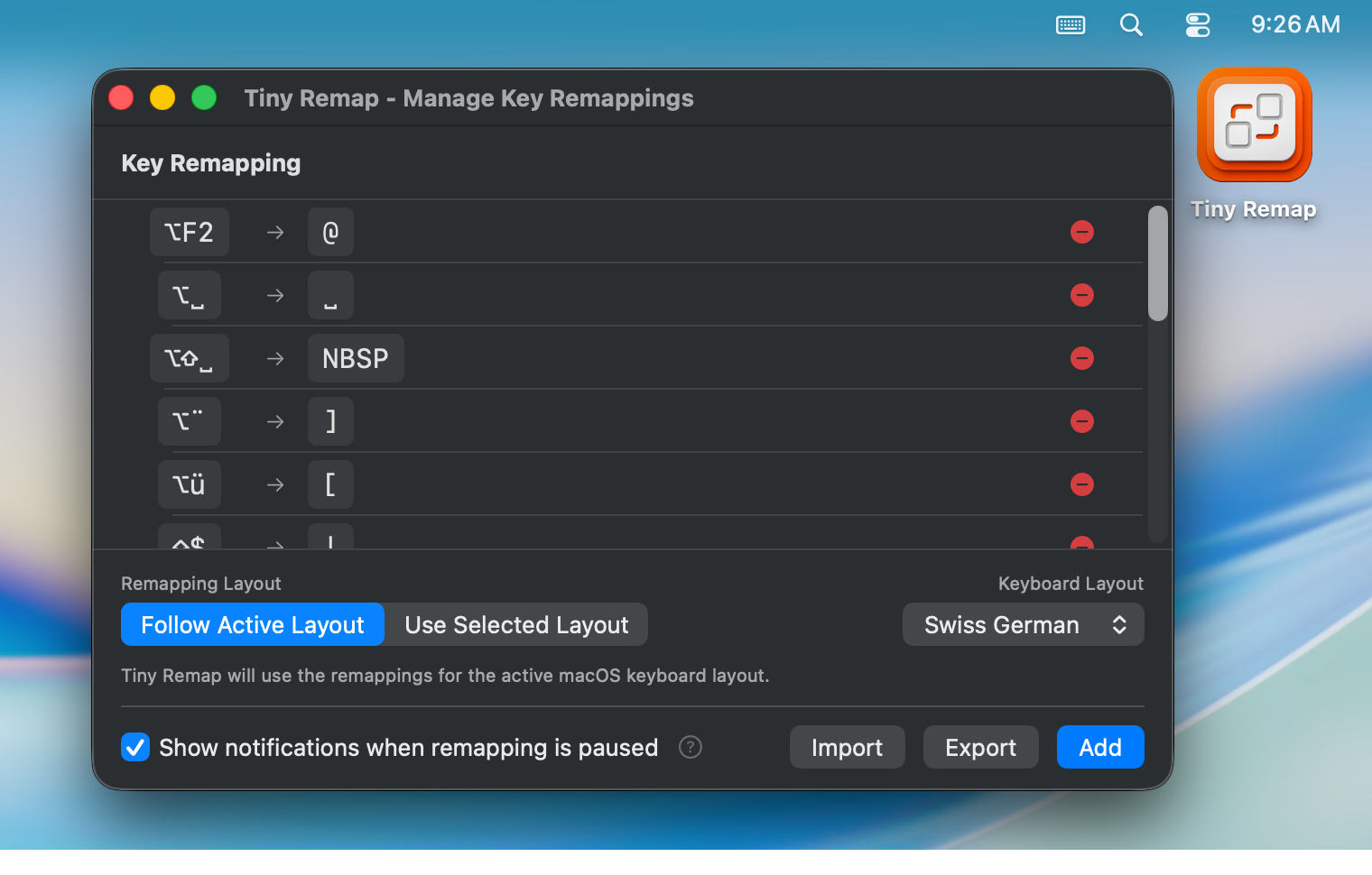 Tiny Remap key manager screenshot